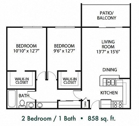 Floor plan for 2 beds, 1 bath, 858 sqft